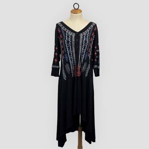 Caite Anthropologie Boho Hi Lo Maxi Dress Black Embroidered